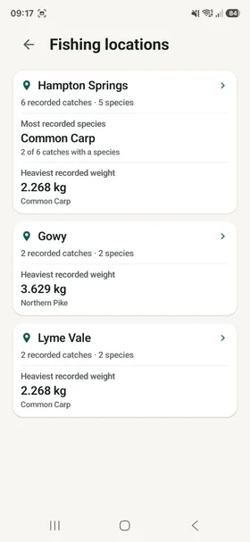 CatchID Fishing Locations showing saved catches and recorded species grouped by water.