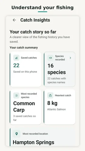 CatchID Catch Insights showing saved catches, species recorded, most recorded species and heaviest catch.
