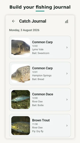 CatchID Catch Journal screen with saved catches, photographs, dates and catch details.