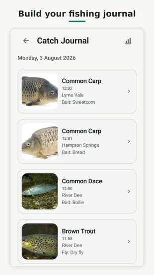 CatchID Catch Journal with saved catch photos, species, dates, times, locations and fishing method details.