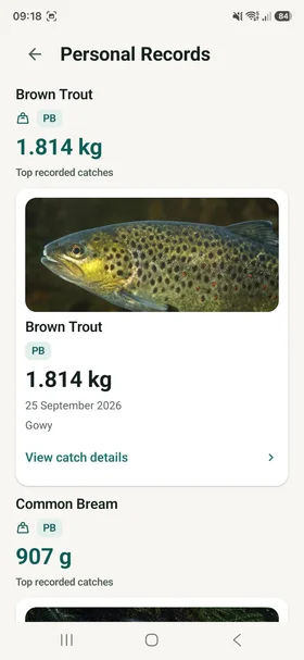 CatchID Personal Records showing top recorded catches by species with PB labels and catch details.